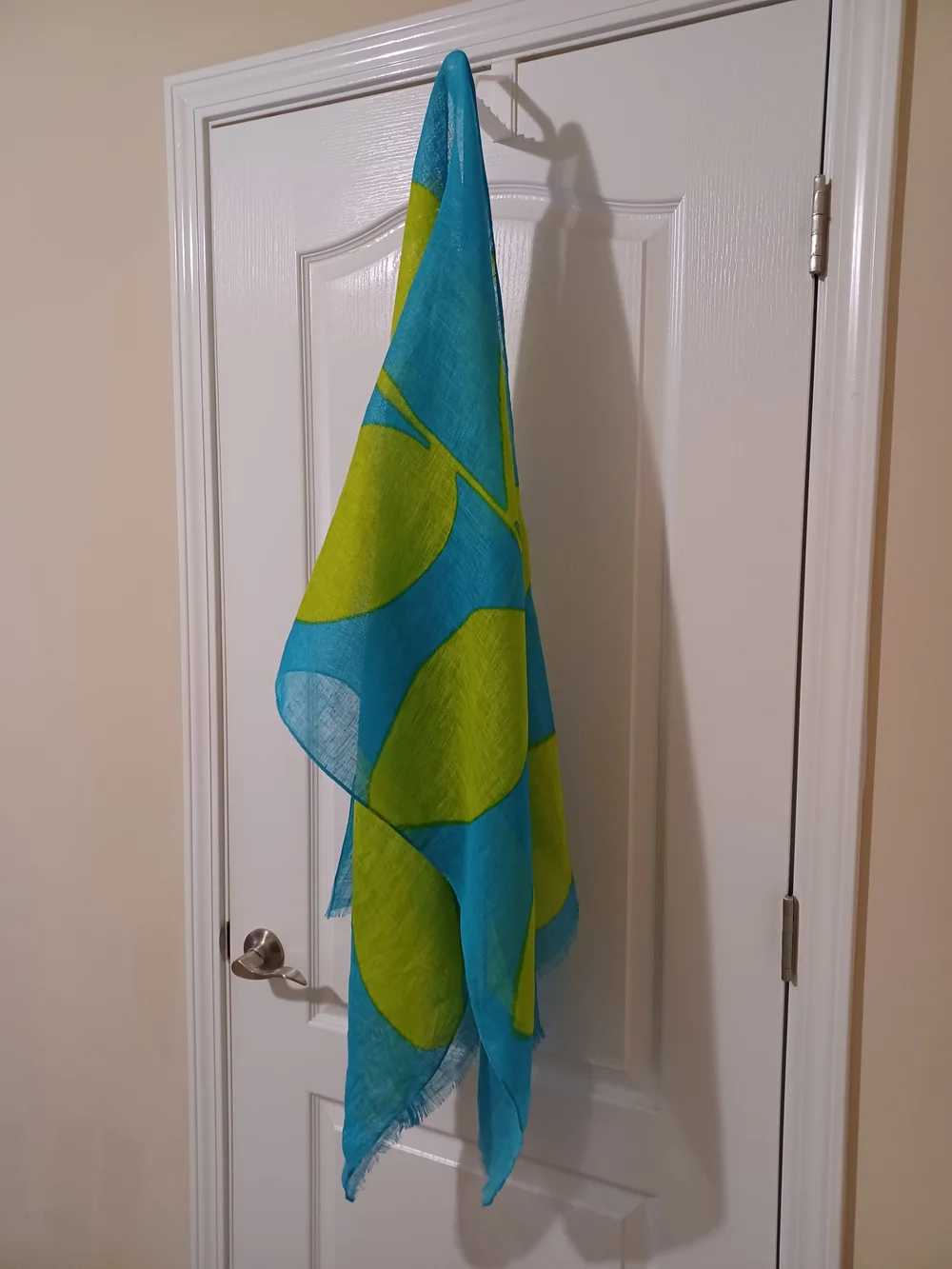 100% Linen Turquoise and Lime Leaf-Print Lightweight Scarf